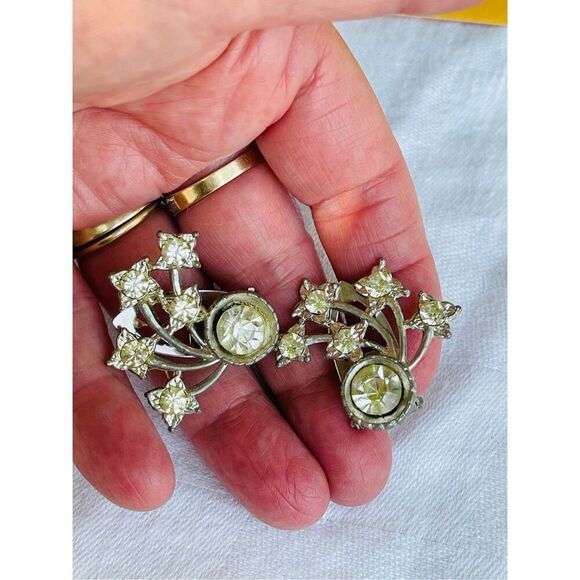 Vintage silver and cut glass ornate dress clips. - Picture 2 of 6